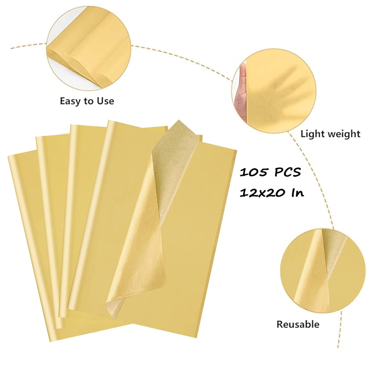 Gold Tissue Paper For Gift Bags, 105 Sheets Single-Sided Metallic Wrapping Craft Papers Bulk For Diy Artworks Flower Decoration, 12 X 20 Inches