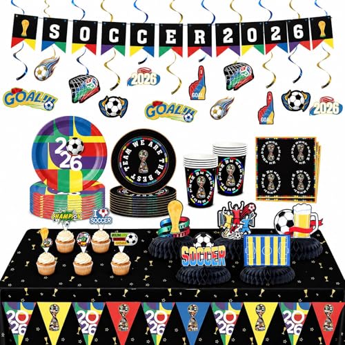 Soccer Party Decorations Set, Soccer Supplies Kit with Plates, Cups, Napkins, Tablecloth, Banner, Swirls, Honeycomb Centerpieces and Cake Toppers for Watch Parties, Game Day, Soccer Fans