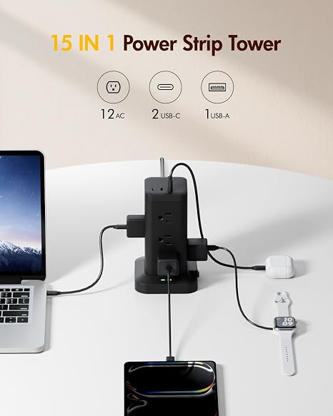 2 Pack Power Strip Tower 12 Outlets 1800J Surge Protector 20W USB C 6 Ft Cord