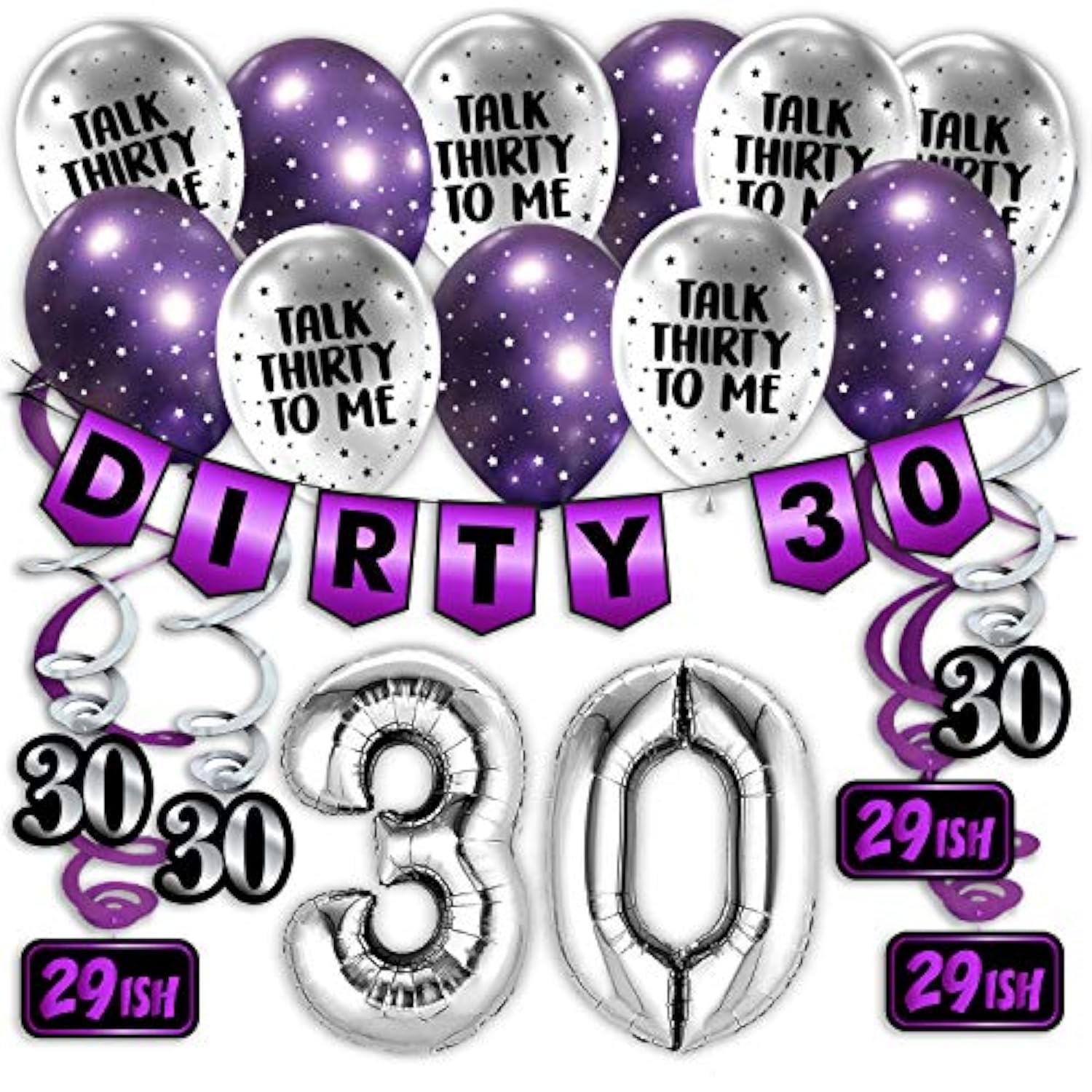30Th Birthday Purple Party Pack - 30Th Birthday Banner, Balloon And Swirls Pack- Birthday Decorations - 30Th Birthday Party Supplies, Favors And Gifts