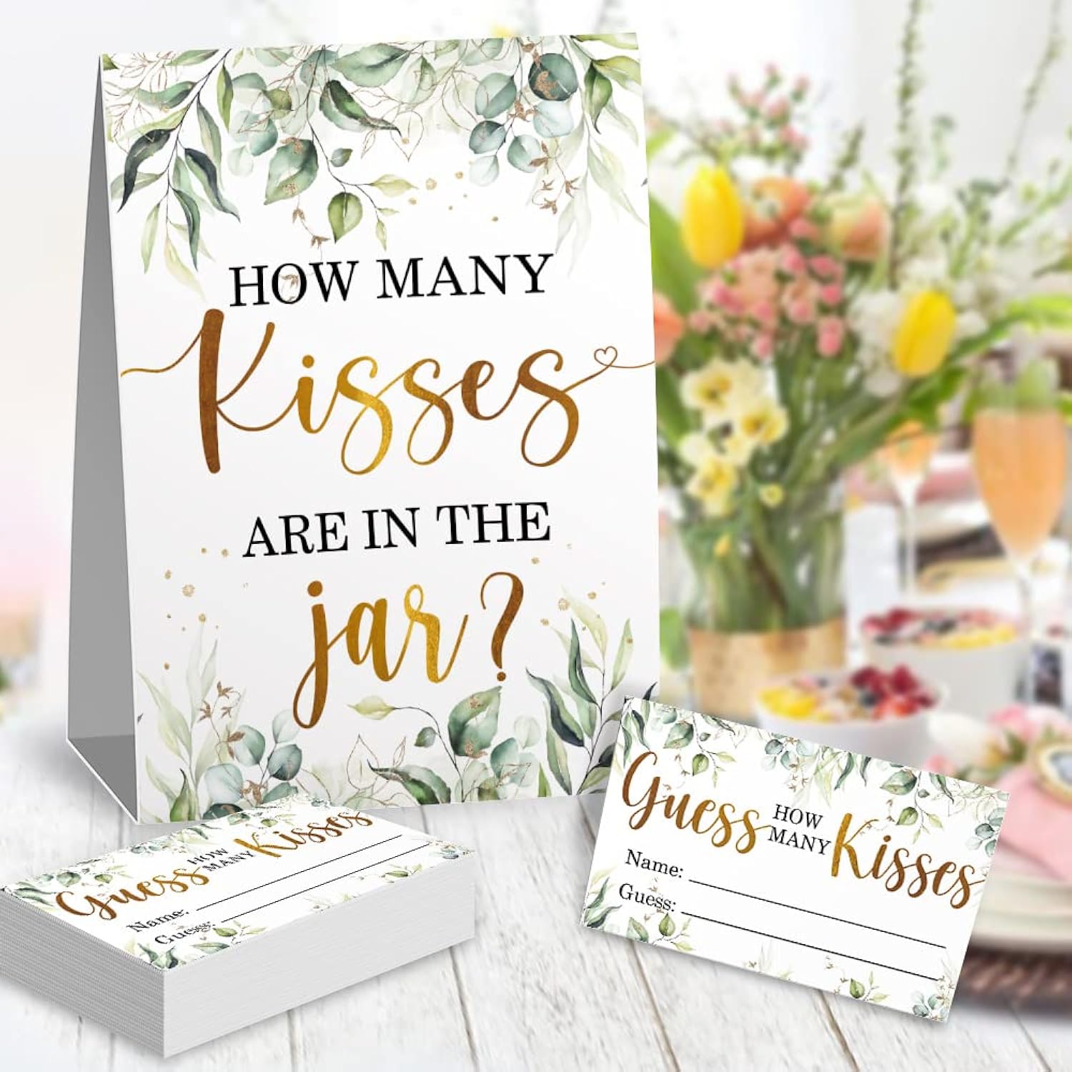 How Many Kisses In The Jar Bridal Shower Game, Wedding Shower Games, Bachelorette Party Night, Eucalyptus Leaf Neutral Party Game Cards, Bridal Party Decorations - 1 Standing Sign And 50 Pcs Cards