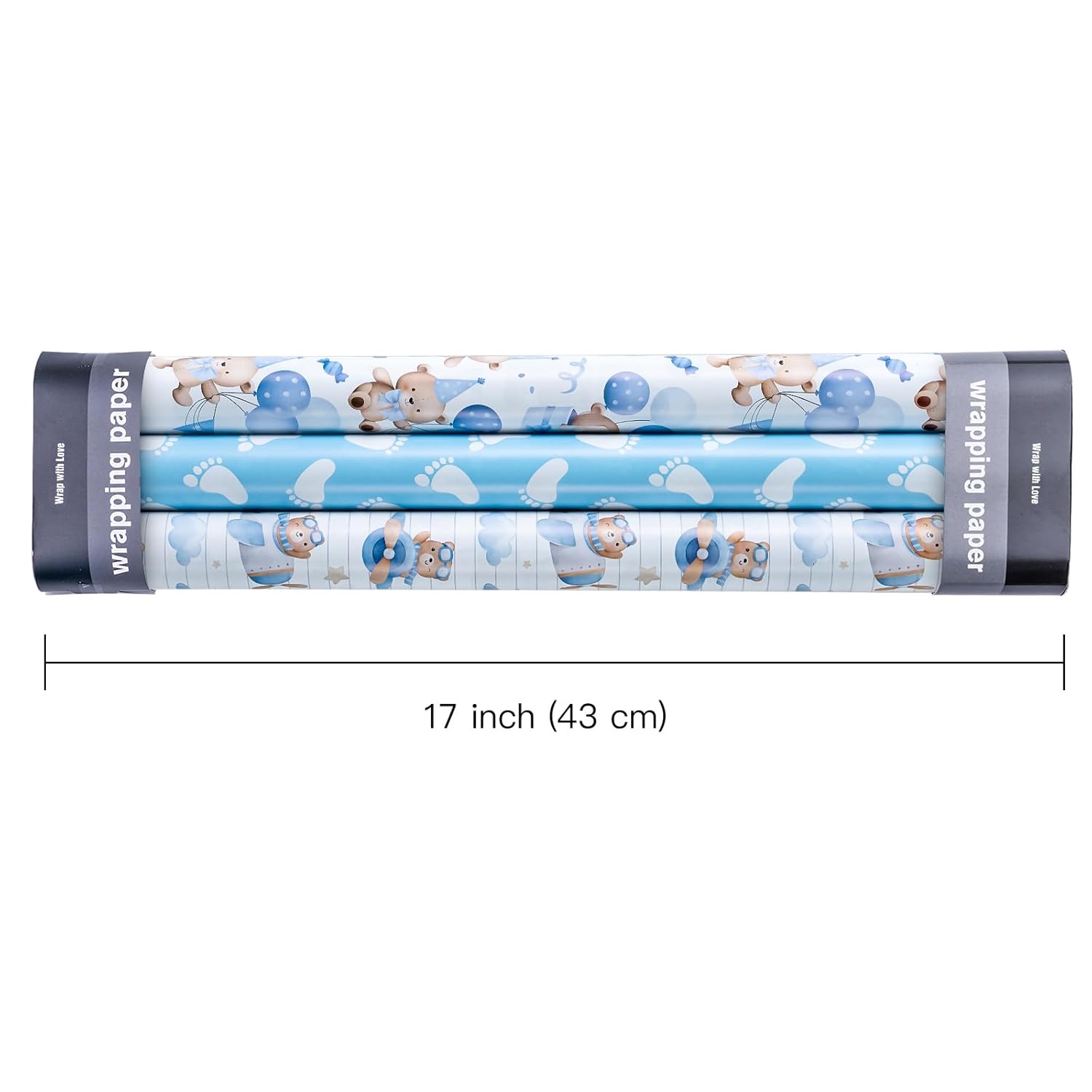 Bear Baby Shower Wrapping Paper - Mini Roll - 3 Rolls - 17 Inch X 120 Inch - Adventure Bear In Airplane And Party Design For Baby Shower, Boy Birthday