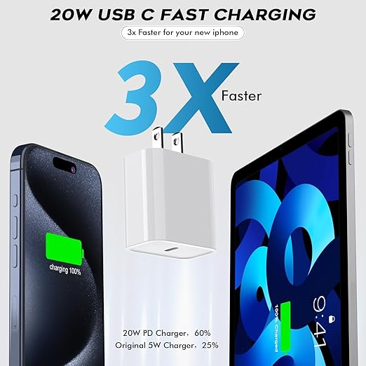 3 Pack 20W USB C Fast Charger with 6FT USB C Cable for iPhone 17 16 15 iPad Wall Charger
