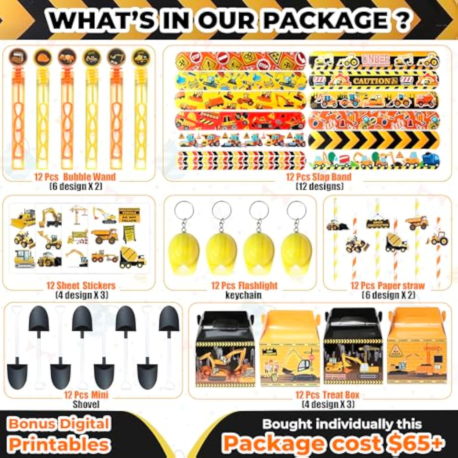 Construction Party Favors 84 Pc Under Construction Straw Slap Bracelet Stickers Dumper Truck Treat Box For Kids Birthday Supply
