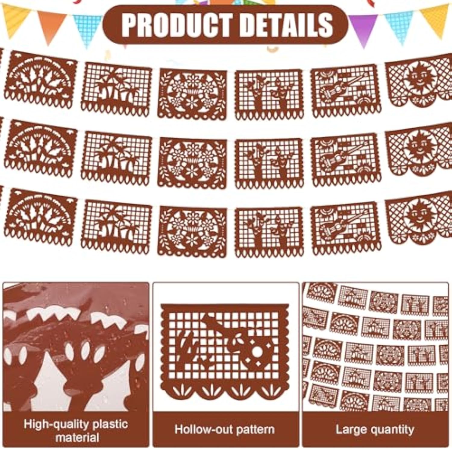 4 Pack 59 Ft Papel Picado Banner Mexican Talavera Party Plastic Fiesta Banner Mexico Wedding Decorations For Day Of The Dead Cinco De Mayo Cielito Lindo Party Decorations (Brown)