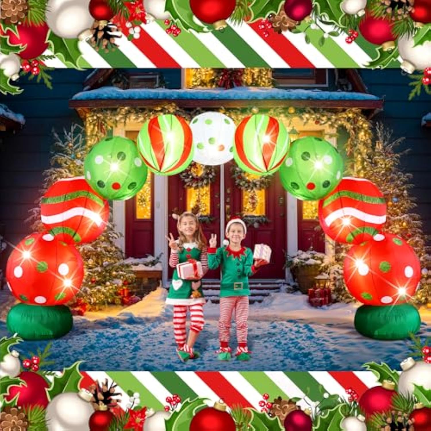 8.2 Ft Giant Christmas Inflatables Archway Christmas Blow Up Ball Arch With Built In Led Lights Lime Green Elf Balls Swi