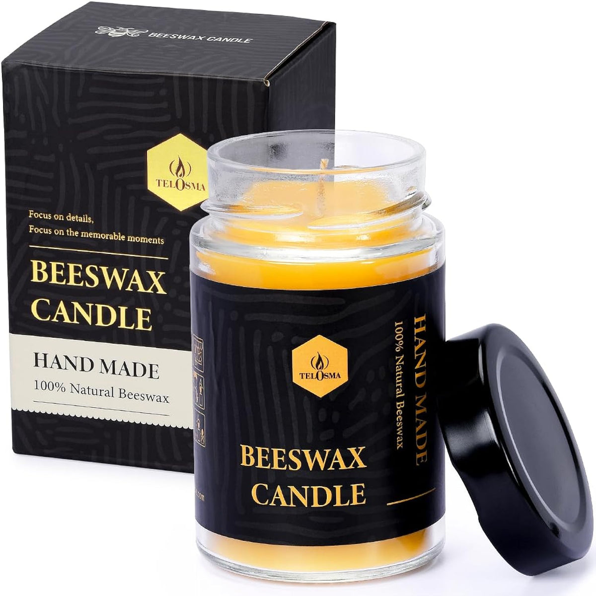 Beeswax Jar Candle In Glass Container, Natural Organic Candle Smokeless Clean Burn | 36 Hours Burning Time, Yellow