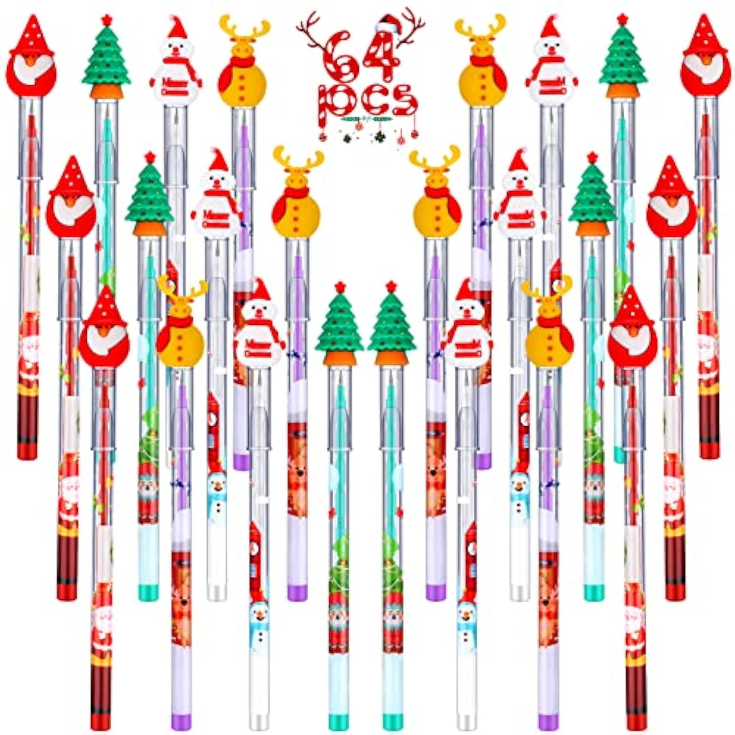 64 Pieces Christmas Pencils Multi-Point Stackable Push Pencils Christmas Plastic Decorated With Santa Xmas Tree Deer And Snowman For School Party Favor Supplies Children New Year Supplies
