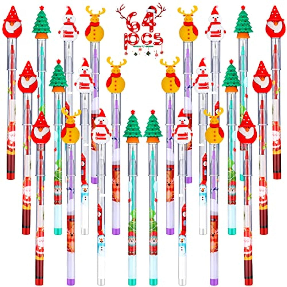 64 Pieces Christmas Pencils Multi-Point Stackable Push Pencils Christmas Plastic Decorated With Santa Xmas Tree Deer And Snowman For School Party Favor Supplies Children New Year Supplies