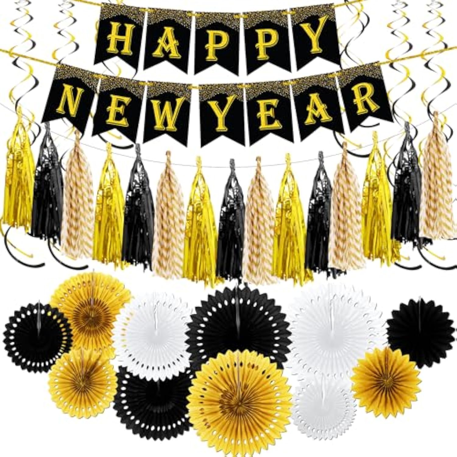 35 Pc 2026 Happy New Year Party Set with 10 Ft Banner Fans Swirls and Tassels