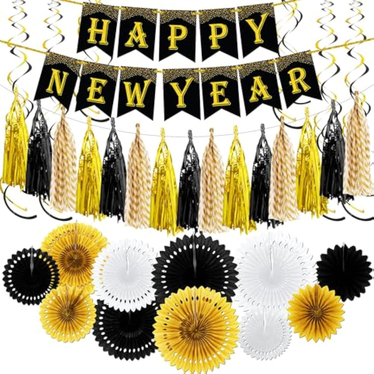 35 Pc 2026 Happy New Year Party Set with 10 Ft Banner Fans Swirls and Tassels