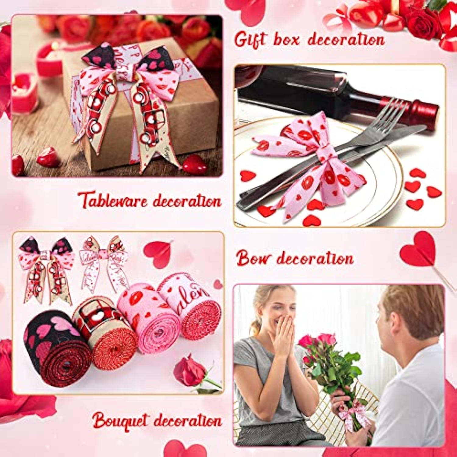 4 Rolls 24 Yards Valentine'S Day Wired Edge Ribbons 2.5 Inch Lips Hear