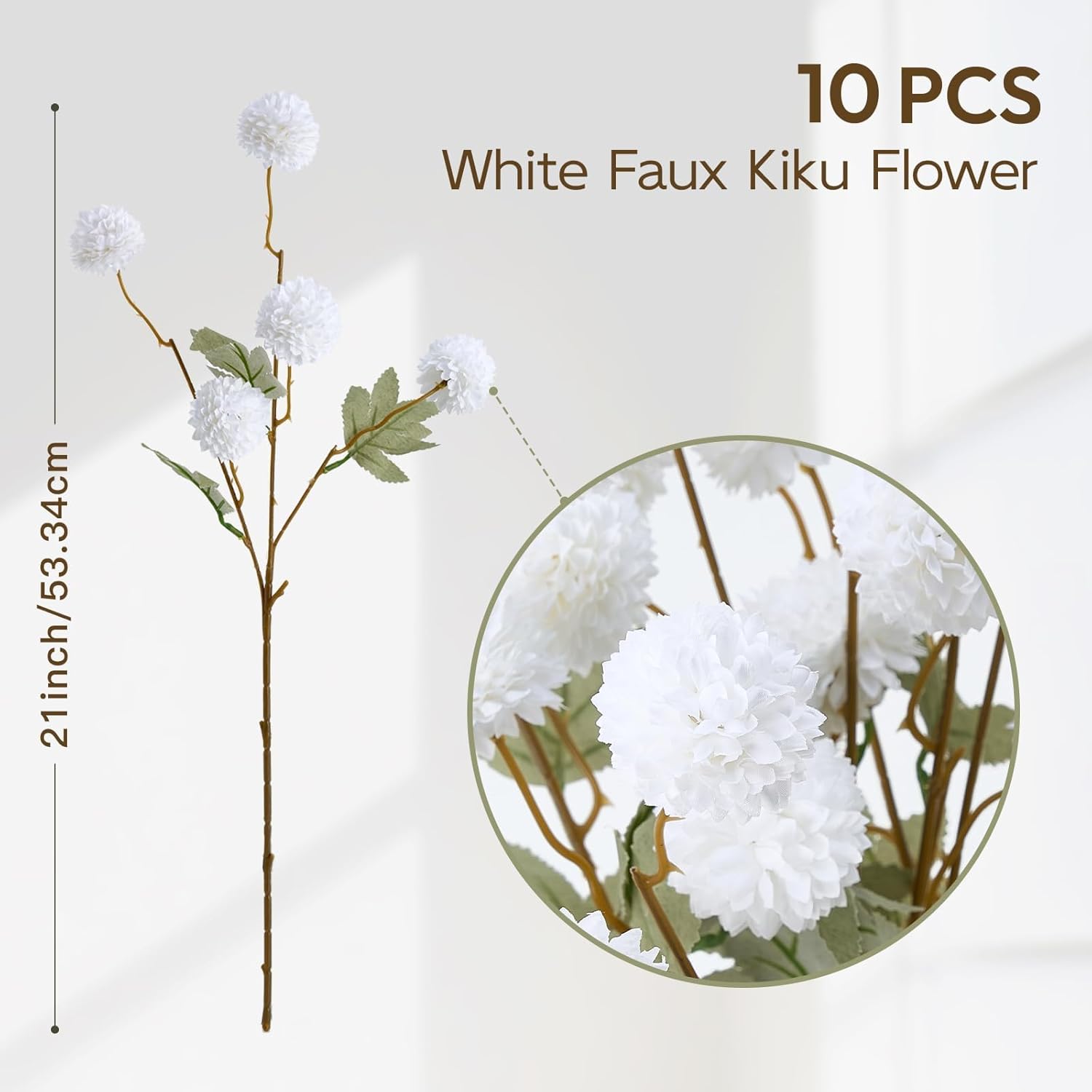 White Faux Kiku Flower,10 Stems Artificial Chrysanthemum Flowers With Eucalyptus, Fake Long Stem Mums Balls Arrangements, Dried Pompom Hydrangea For Vase, Centerpiece?Aesthetic Room Decoration