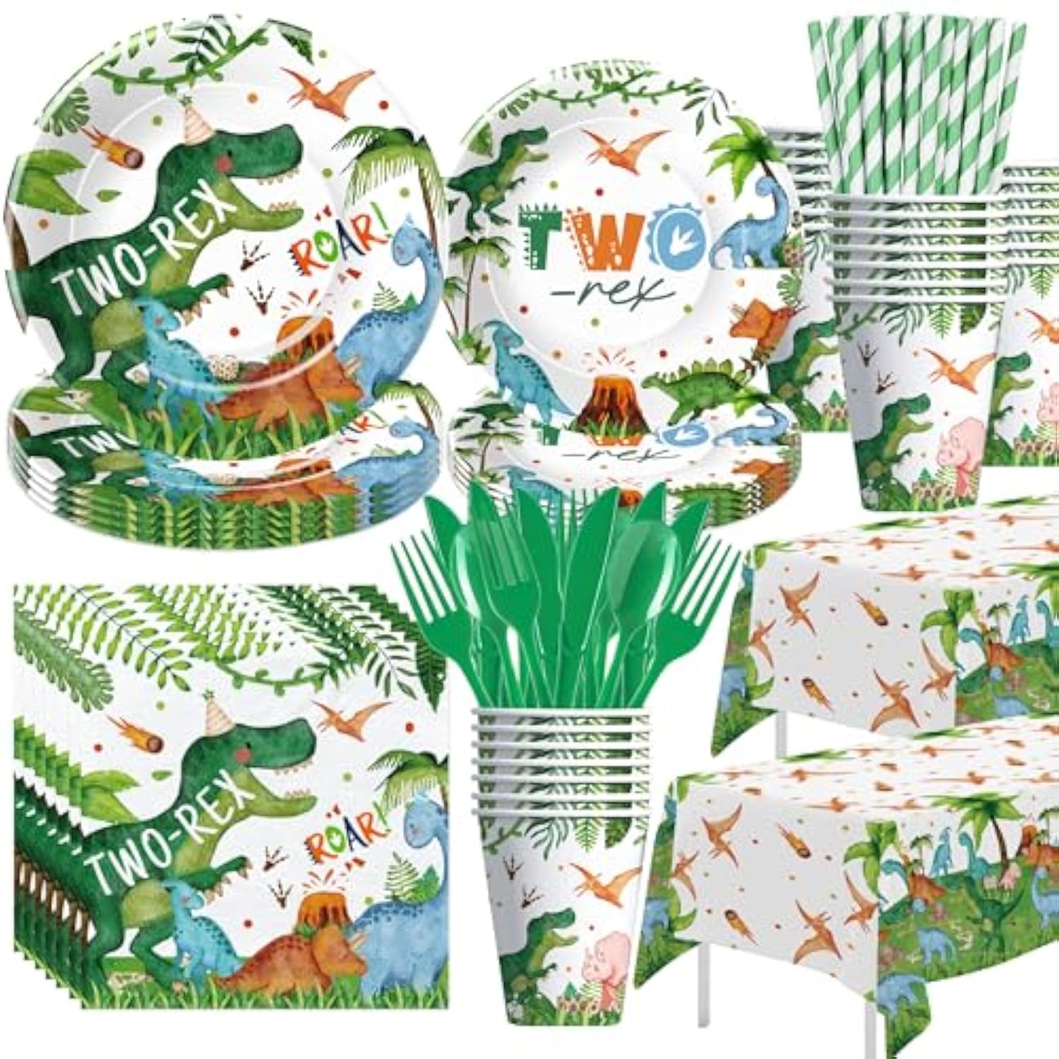 Dinosaur 2Nd Birthday Party Supplies For Boy - Dinosaur Theme Dino Two Rex Birthday Decorations Tableware, Disposable Paper Plate, Cup, Napkin, Tablecloth, Cutlery | 24 Guest