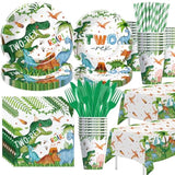 Dinosaur 2Nd Birthday Party Supplies For Boy - Dinosaur Theme Dino Two Rex Birthday Decorations Tableware, Disposable Paper Plate, Cup, Napkin, Tablecloth, Cutlery | 24 Guest