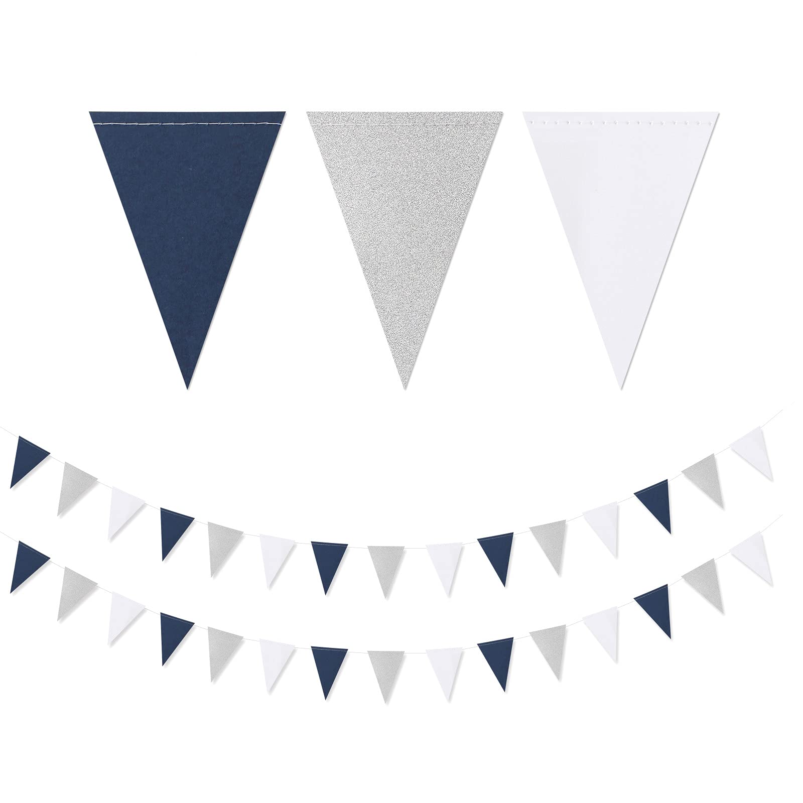 Navy-Blue White-Silver Party Decorations Banner - 2 Pack Men Birthday Graduation 2024 Glitter Sprinkles Paper Pennant Triangle Flags, Fathers Day Wedding Baby bridal Shower Bunting
