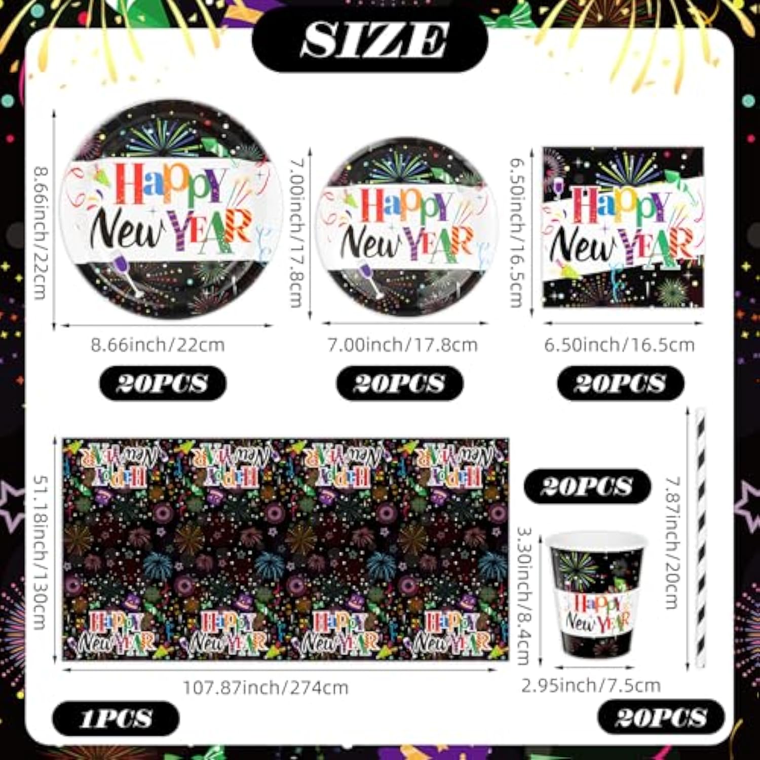 Happy New Year'S Eve Party Supplies Dinnerware Set, Happy New Year Colorful Tablecloth Plates Cups Napkins For 20 Guests,New Year Dinnerware Set For 2026 New Year'S Eve Party Favors,101 Pieces