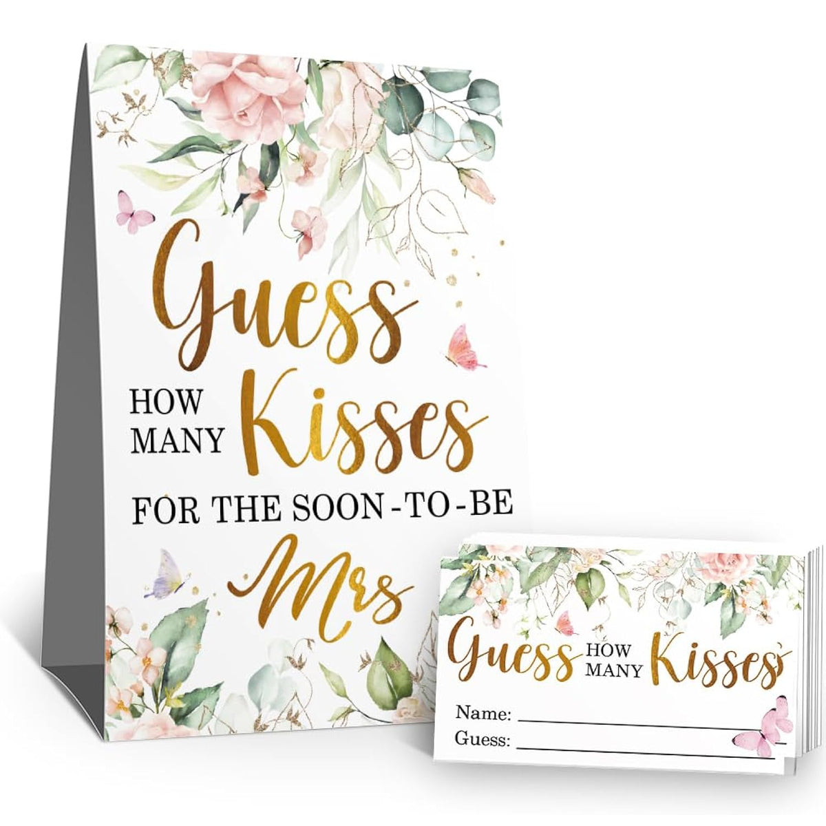 How Many Kisses Bridal Shower Party Game Kit(1 Standing Sign-50 Guessing Cards) Pink Floral Games And Favors For Guests, Bridal Shower Wedding Games Cards For Bride Groom Bachelorette Party Wedding Party Favor