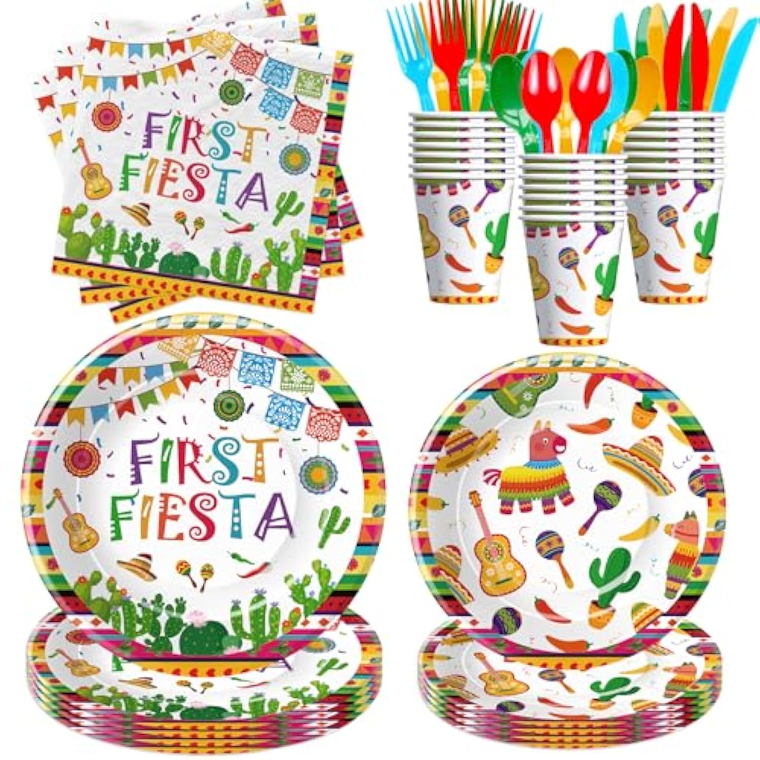 Fiesta 1St Birthday Party Supplies - First Fiesta Birthday Decorations Tableware, Paper Plate, Cup, Napkin, Cutlery, Cactus Mexican Cinco De Mayo Taco One Year Old Decorations | Serves 24