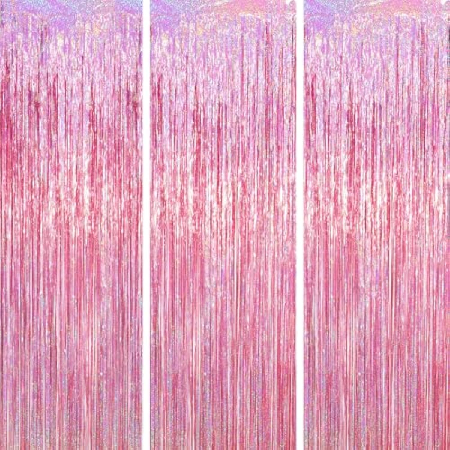 3.3 X 6.6 Ft Foil Fringe Backdrop Curtains, Tinsel Streamers Party Decorations, Fringe Backdrop For Birthday, Baby Shower, Gender Reveal, Graduation (3, Pink)
