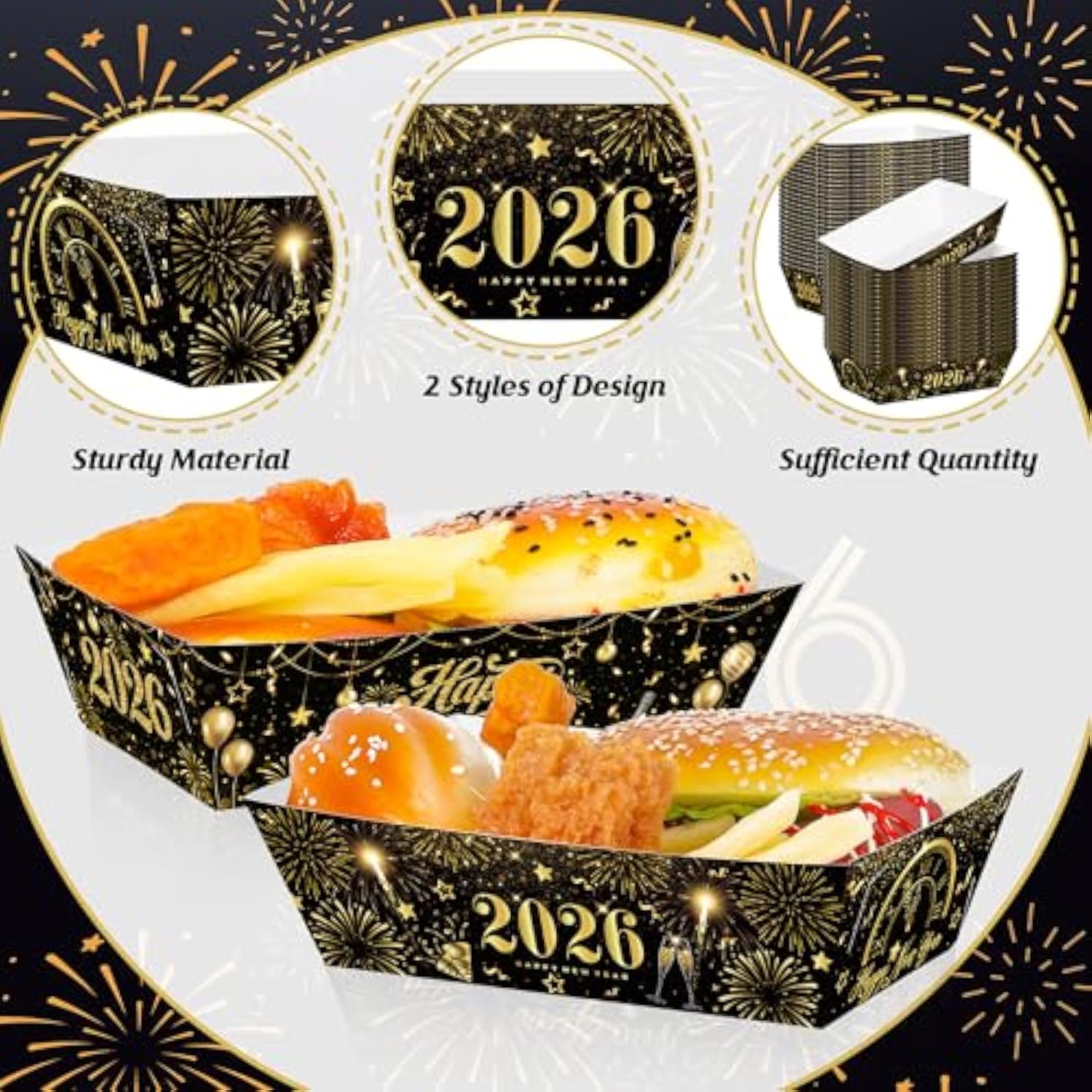 50 Pcs Black Gold New Year Eve Food Trays 5.94x3.34x2.16in Disposable