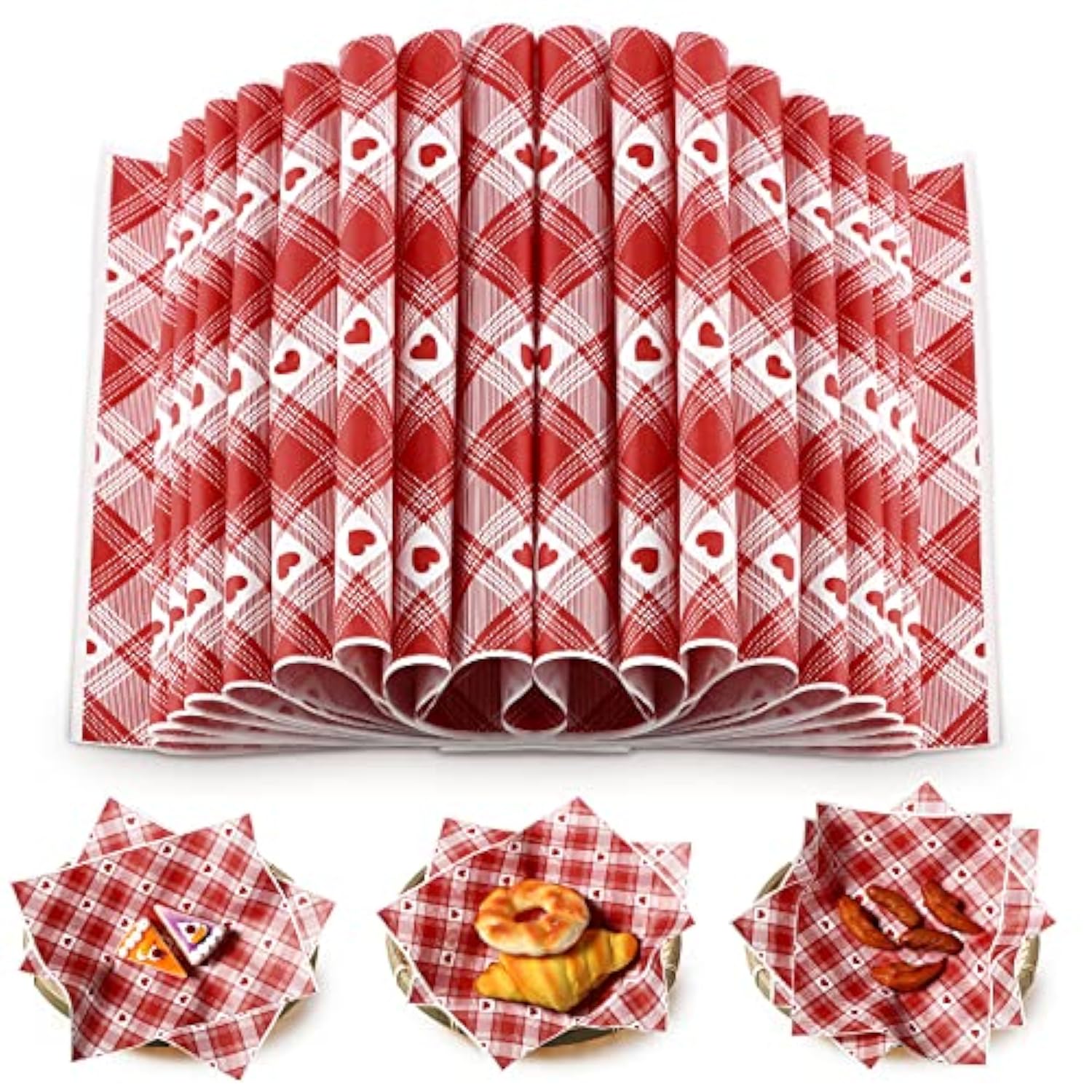 160 Sheet Valentine'S Day Wax Paper Sheets For Food Heart Sign Sweet Love Grid Wax Wrapping Bulk Parchment Baking Paper Sandwich Candy Cookies Waterproof Oilproof Basket Liners Kitchen