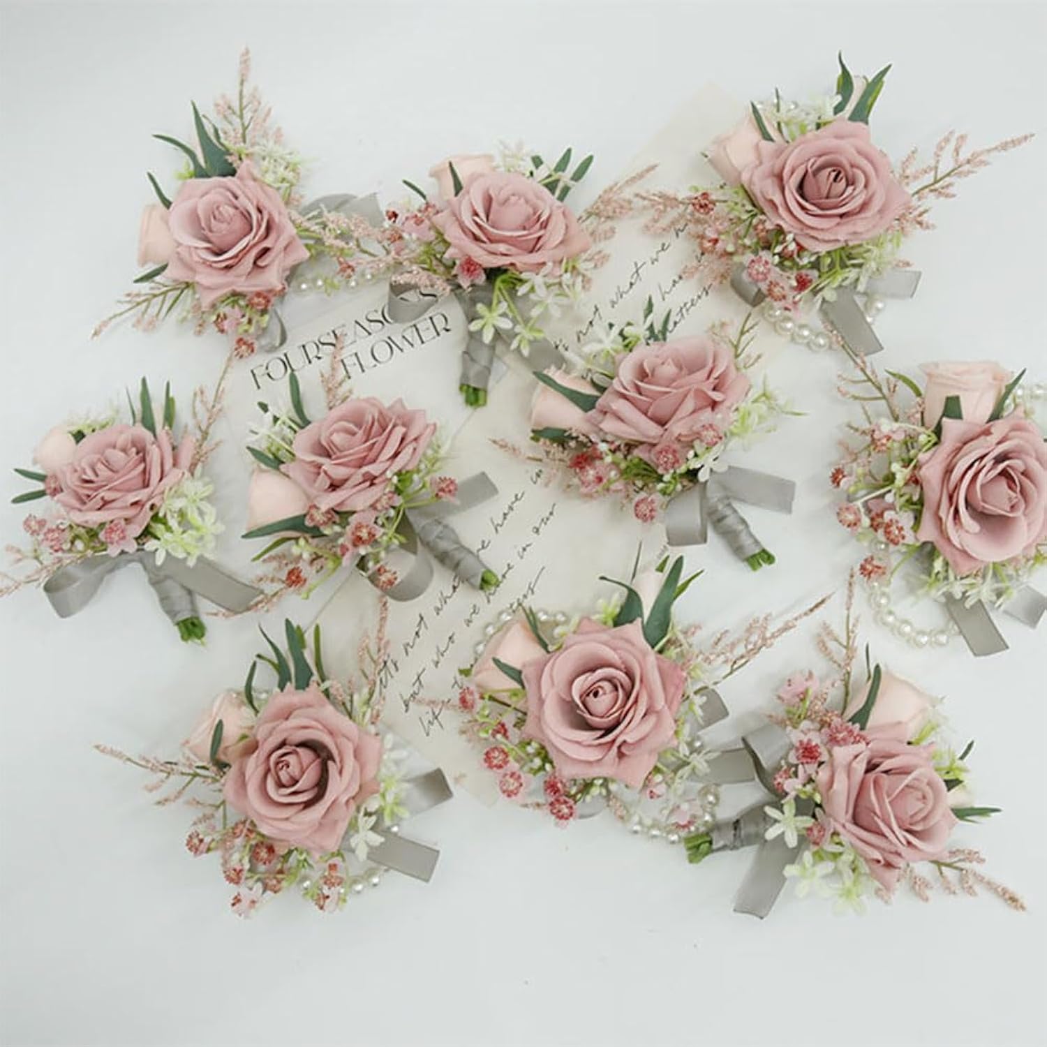 Wrist Corsage And Boutonniere Set Artificial Rose Flowers Accessories For Groom Bride Groomsmen Bridesmaids Wedding Party Prom Suit - Pink B 2 Pieces