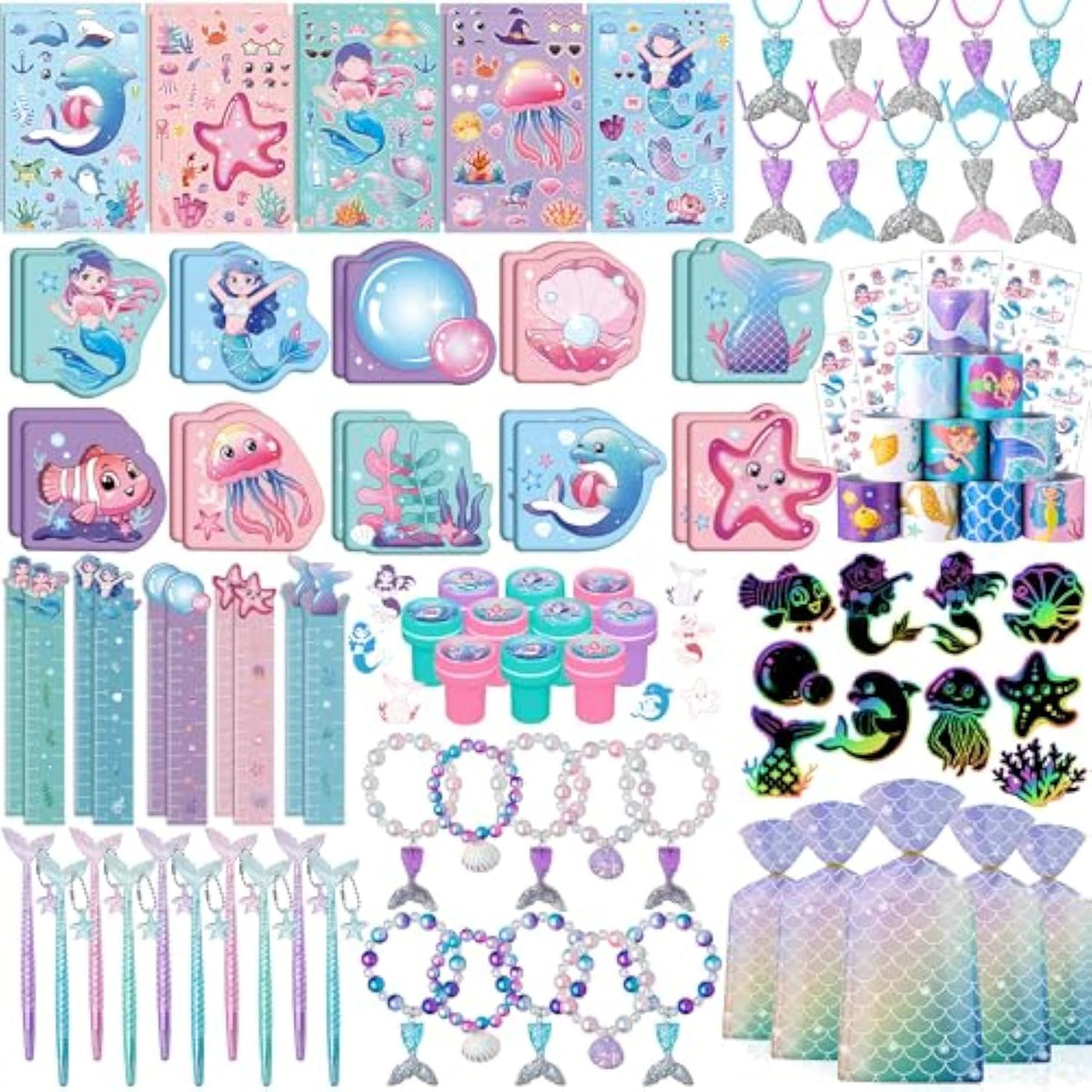 110Pcs Mermaid Party Favors Including Stampers, Notebooks, Mermaid Party Decorations