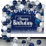 Navy Blue Birthday Confetti Balloons Kit Set 50 Pieces Photography Backdrop Banner Package For Boys Girls Men Women Birthday Party Decorations Supplies(Navy Blue And Silver)