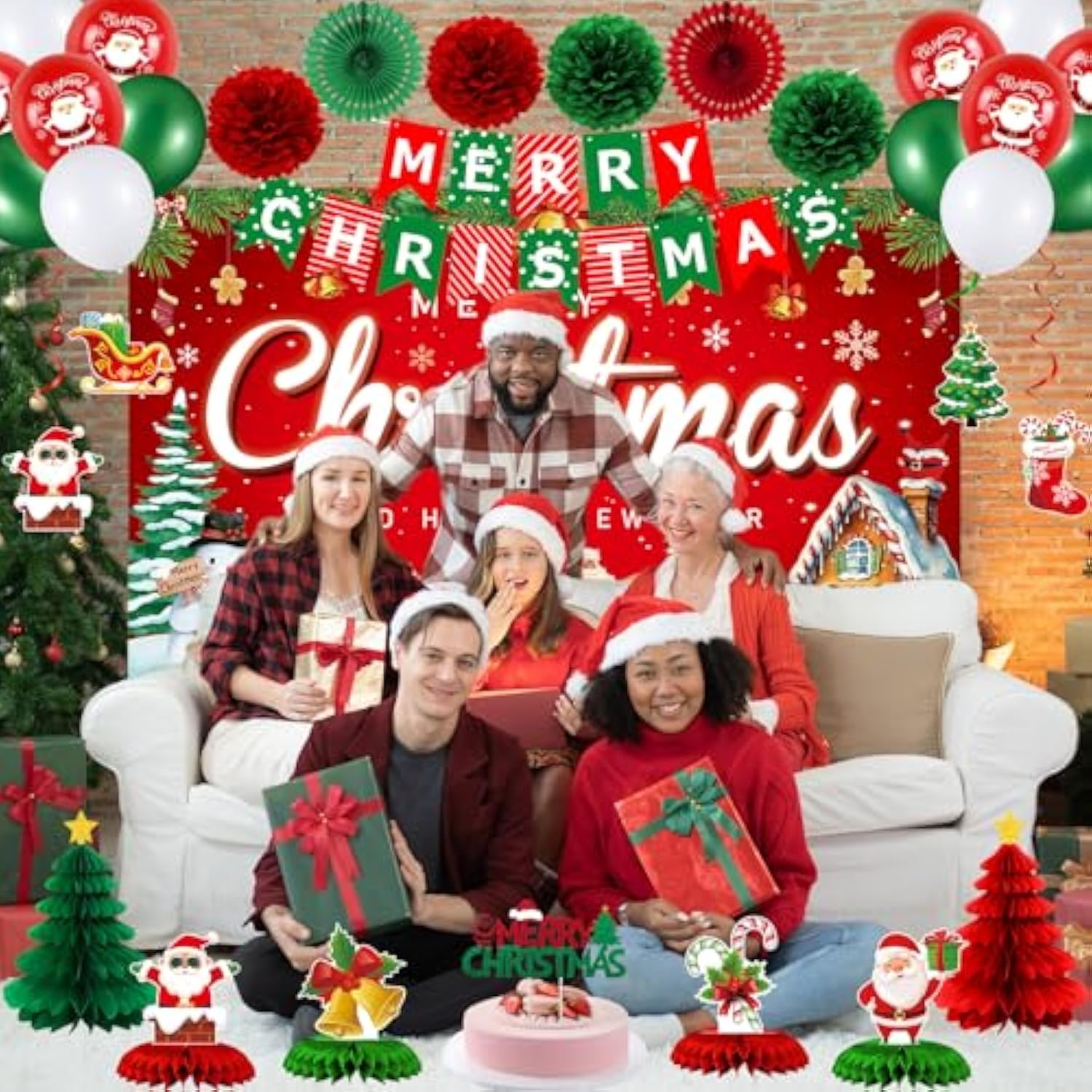 Red Christmas Party Decorations, 40Pcs Merry Christmas Birthday Party Supplies With Christmas Backdrop Banner, Cute Honeycomb, Hanging Swirl, Background For Xmas Eve Happy New Year