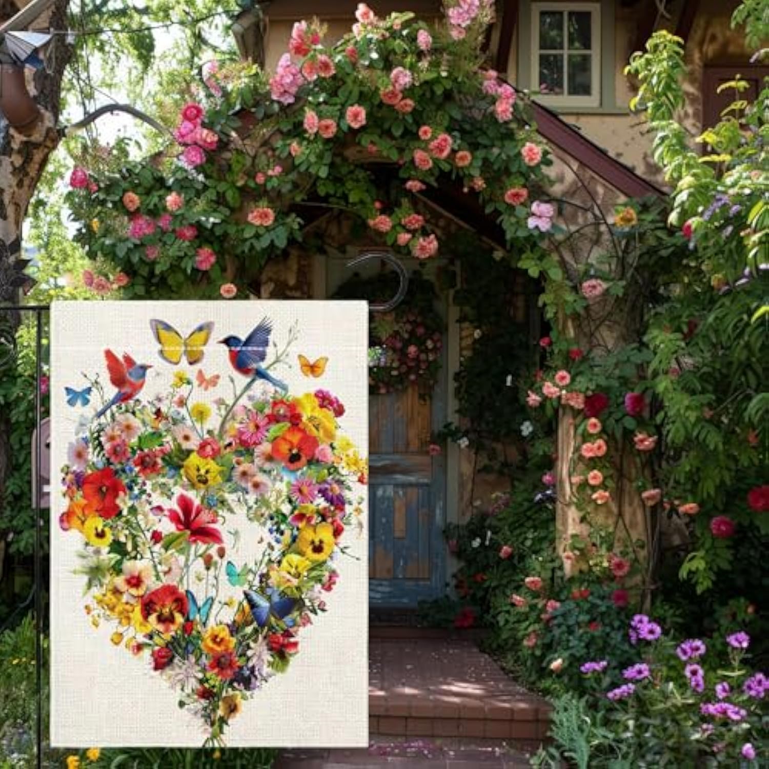 Spring Summer Birds Flowers Butterflies Garden Flag For Outside, Colorful Floral Love Hearts Outdoor Yard Flag 12X18 Inch Double Sided Burlap
