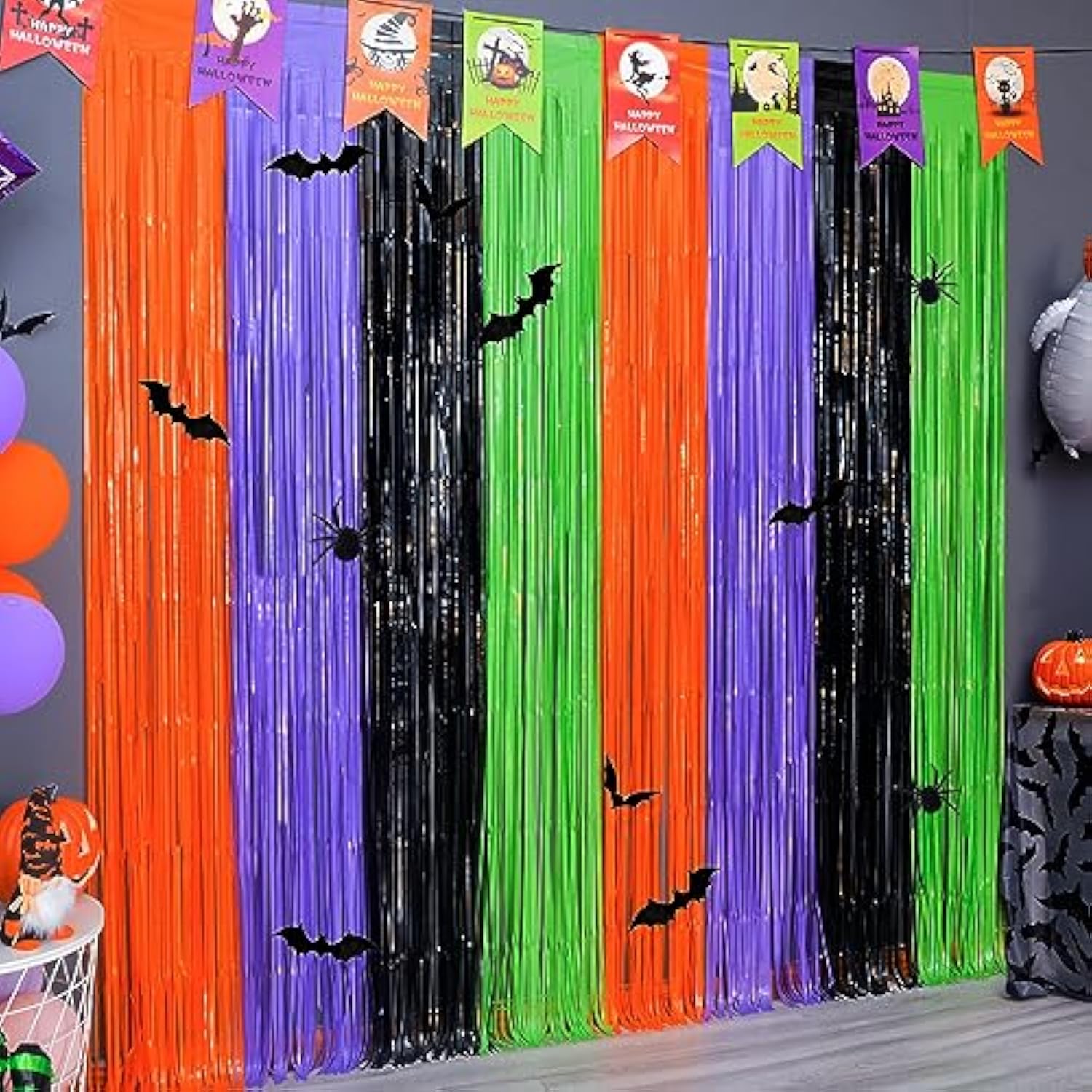 Pack of 2 Halloween Foil Fringe Curtains Backdrop Orange Purple Black Green with Bats