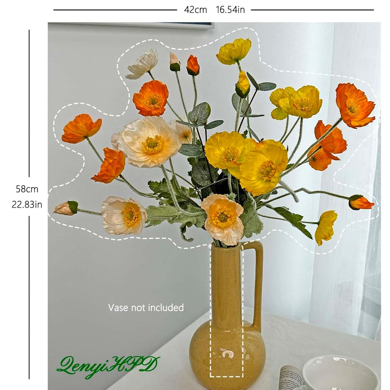 Poppy Artificial Flowers And Eucalyptus Stems, Fake Orange And Yellow Champagne Flowers, Silk Flowers Arrangement For Wedding Party Farmhouse Home Office Table Centerpieces Decoration