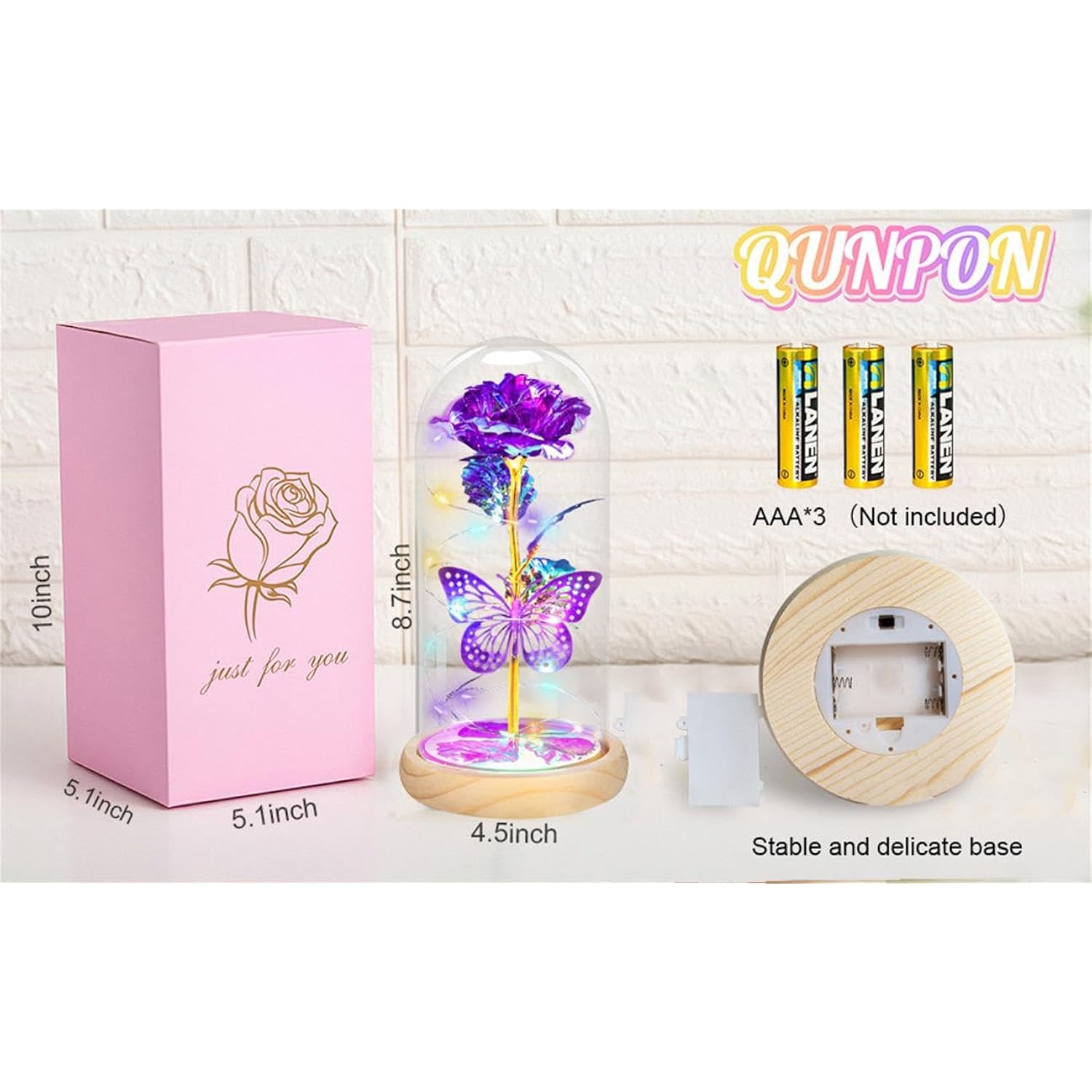 Rose Butterfly Artificial Flowers Eternal Glass Covered Wooden Base Led Lights Gifts For Ladies, Mothers, Daughters,Lovers On Birthdays,Mother'S Day,Anniversaries,Valentine'S Day,Christmas, Weddings