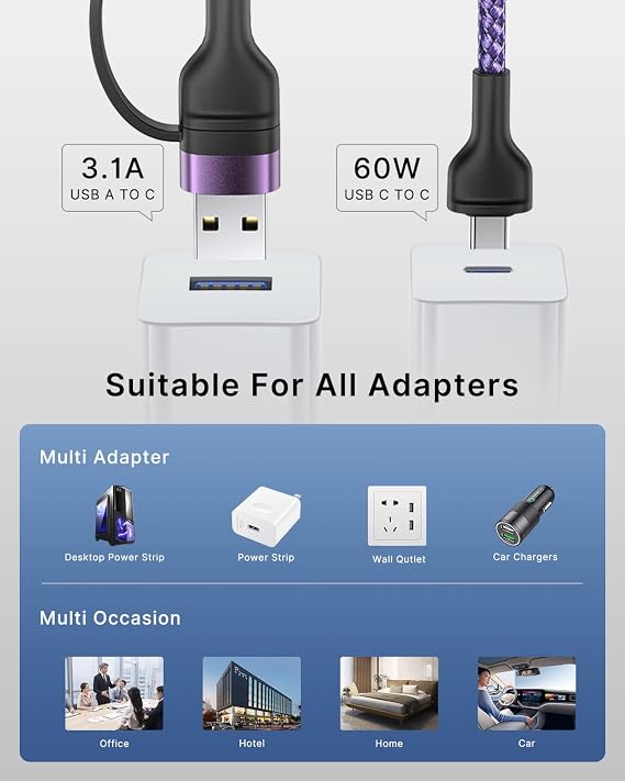 2 Pack 4 in 1 Multi Charging Cable 6.6FT 60W Fast Charging Cord for iPhone 16 15 14 Samsung iPad MacBook