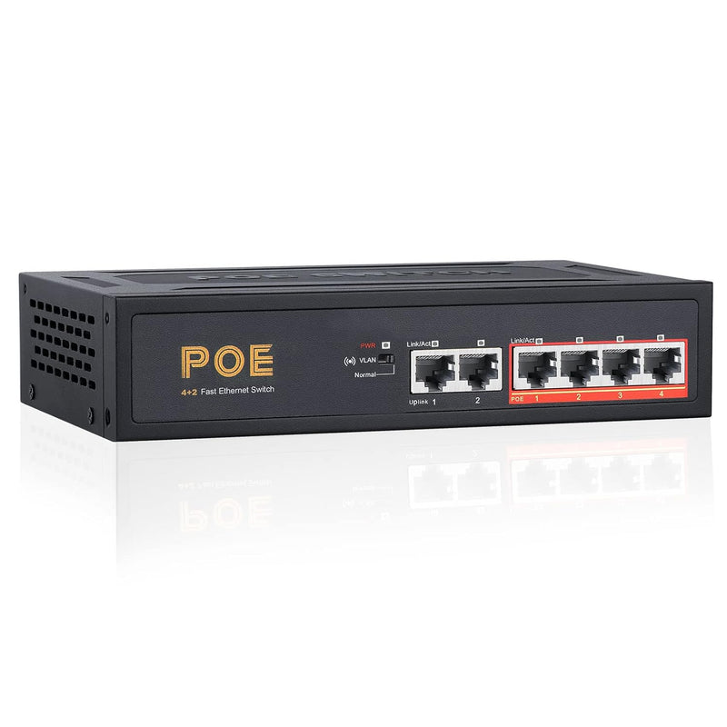 Poe Switch, 6 Port 100Mbps Ethernet Network Switch(4 Poe+ Port With 2 Extra Up