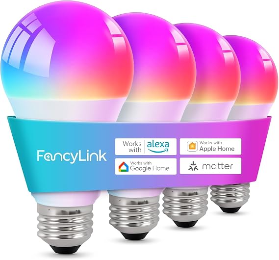Matter Smart Light Bulbs 4 Pack A19 RGBCW Color Changing 800LM Alexa Google Apple Home Compatible