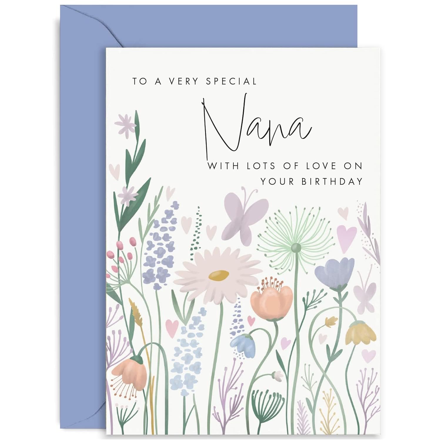 Old English Co. Birthday Card For Nana - Butterfly Hearts Flower Birthday Card For Her - Cute Birthday Card For Nan From Grandson Granddaughter - Birthday Cards For Her | Blank Inside With Envelope
