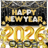 44pcs New Year 2026 Decorations Gold Black Balloons Banner Party Set