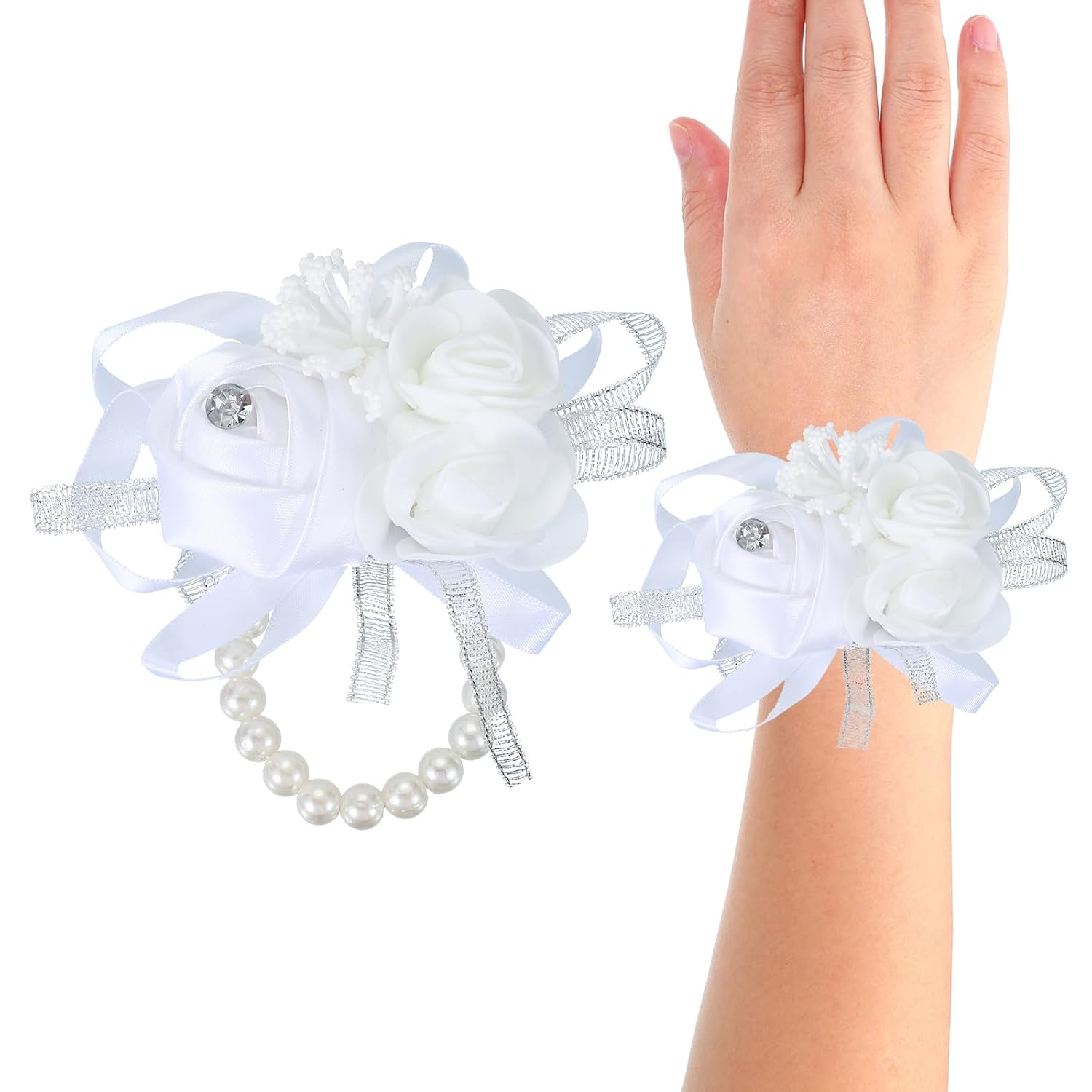 Wrist Corsage, 2 Pcs Wedding Bridal Bridesmaid Mother Of Bride And Groom Silk Rose Wrist Pearls Flowers Ceremony Anniversary Dinner Party Homecoming, White