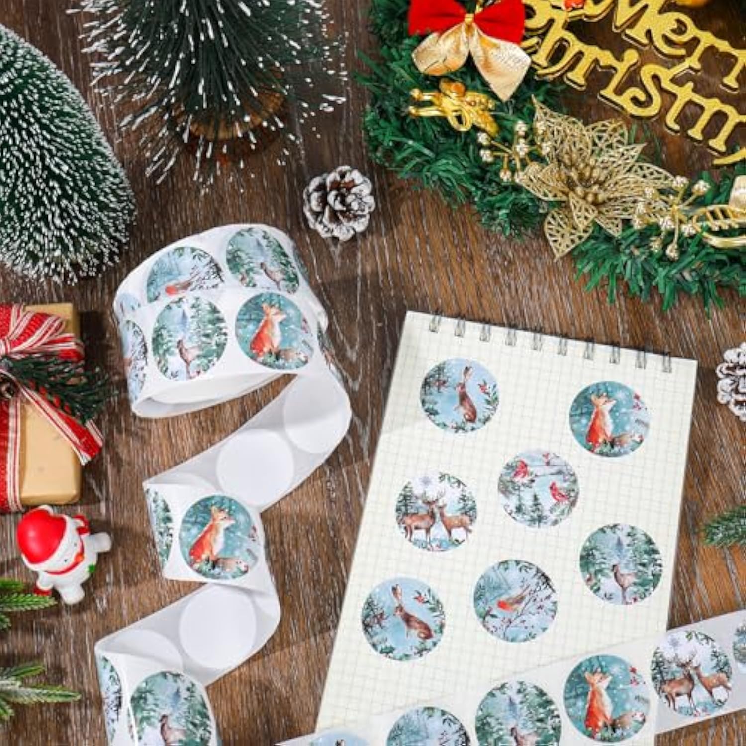 1000Pcs Winter Forest Animal Sticker Roll Woodland Animal Seal Stickers Self-Adhesive Label Decals For Christmas Scrapbook Envelope Diy Crafts Supplies