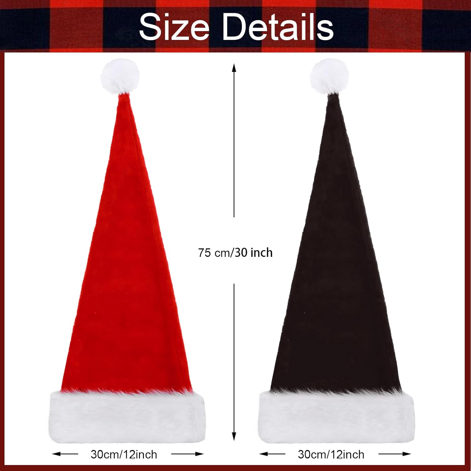 2 Pcs Santa Hat, Adults 30 Inch Black And Red Plush Deluxe Long Christmas Xmas Hat For Festival