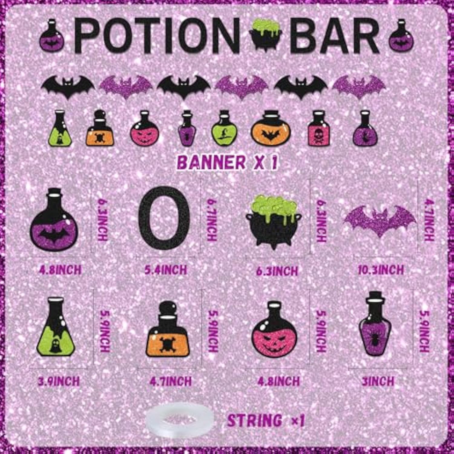 Halloween Potion Bar Banner Black Purple Glitter Bats Witch Party Haunted Decor