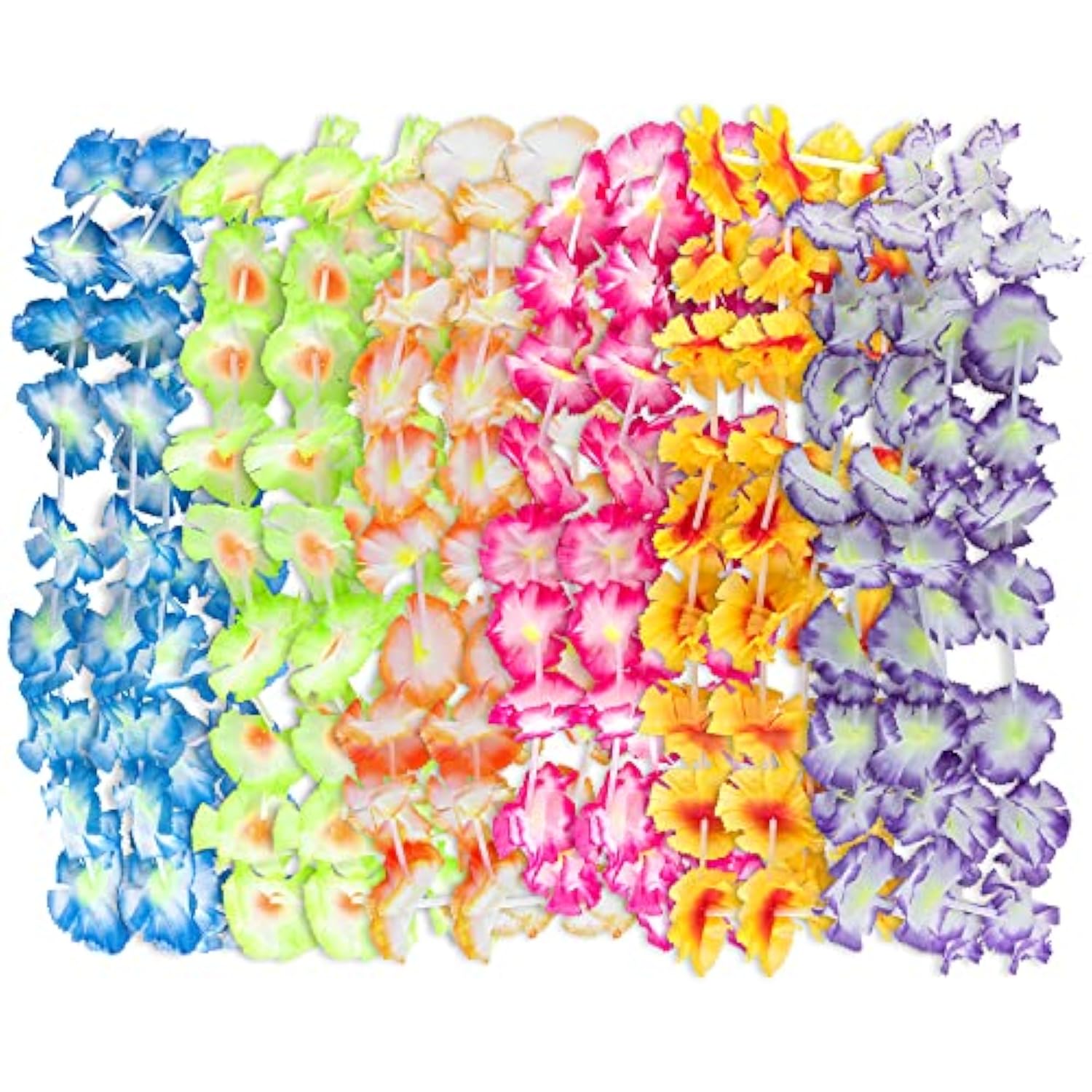 Giant Hawaiian Ruffled Simulated Colorful Luau Silk Flower Leis Jumbo Necklaces For Tropical Island Beach Theme Party Event, Birthday Supplies, Costume (12 Pack)