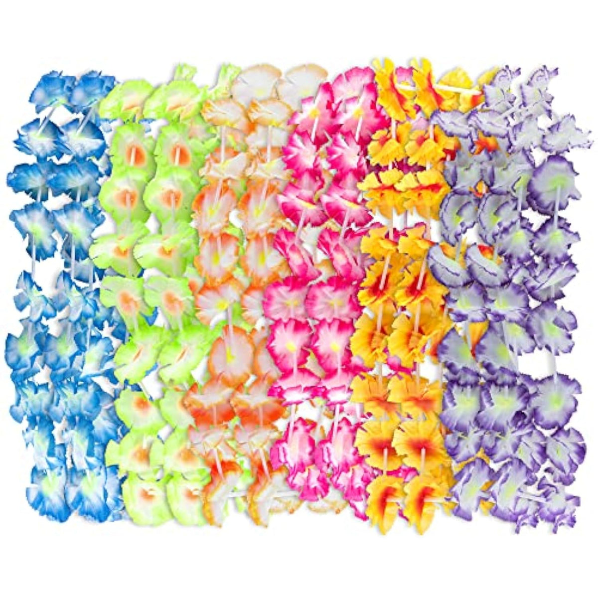 Giant Hawaiian Ruffled Simulated Colorful Luau Silk Flower Leis Jumbo Necklaces For Tropical Island Beach Theme Party Event, Birthday Supplies, Costume (12 Pack)