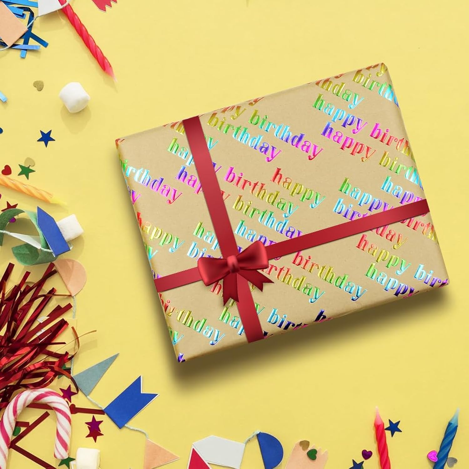 Multi-Colored Foil "Happy Birthday" Lettering On Brown Recyclable Kraft Wrapping Paper -1 Mini Roll 17 X 10 Ft Per Roll 14.1 Sq.Ft.Ttl- Glitter Iridescent Recycled Gift Wrap For Diy Crafts Celebration Party, Holiday, Baby Shower