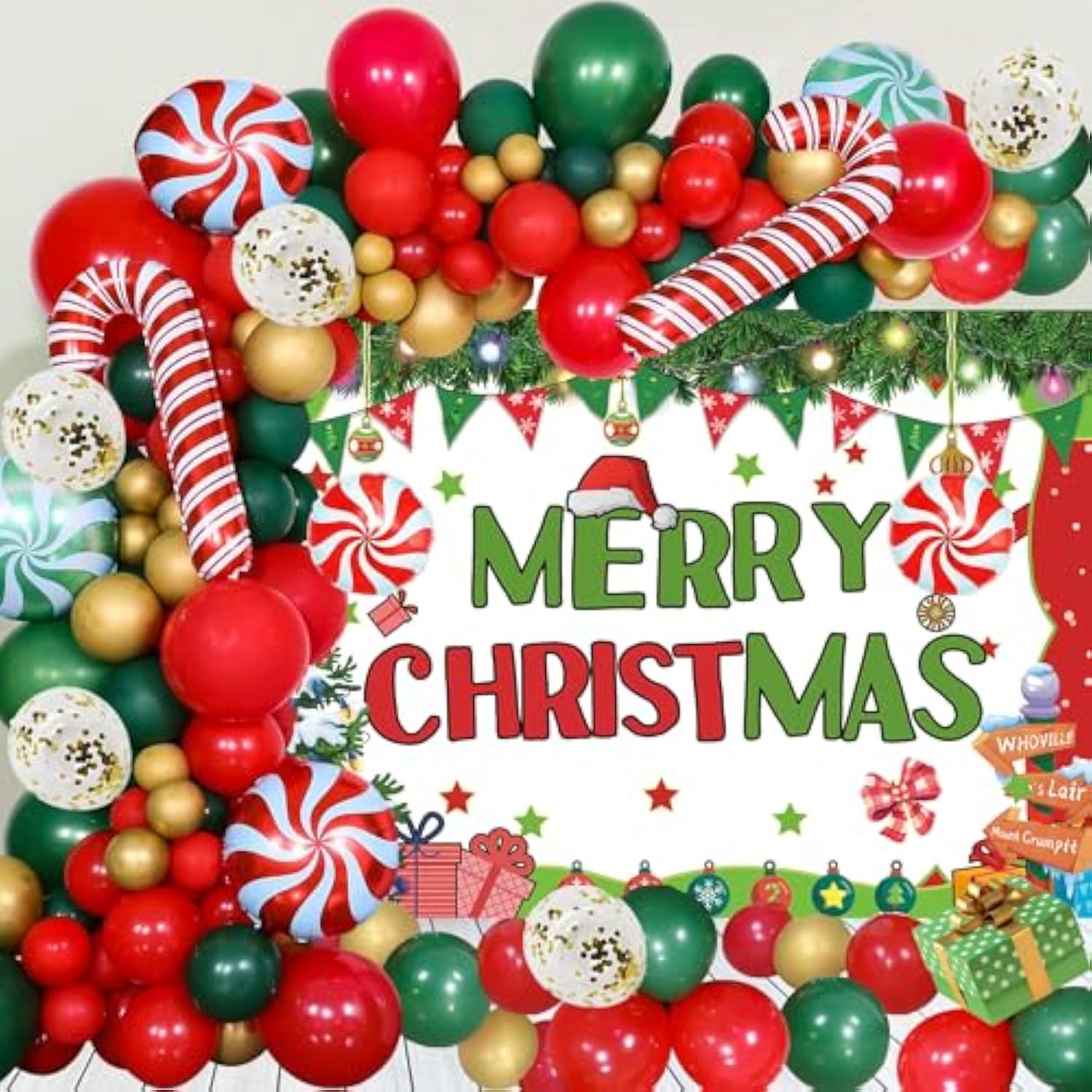 Christmas Party Decorations Set,With Red Green Balloon Garland Arch Kit ,Merry Christmas Backdrop Banner ,Candy Cane Foil Balloons For Xmas Party Decorations