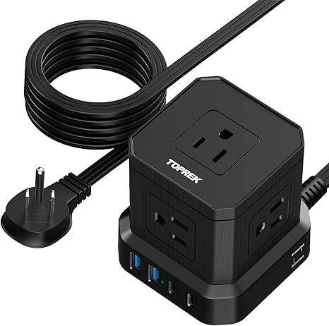 Surge Protector Power Strip 5 Outlets 4 USB Ports 2 USB C 10FT Flat Plug Extension Cord Black