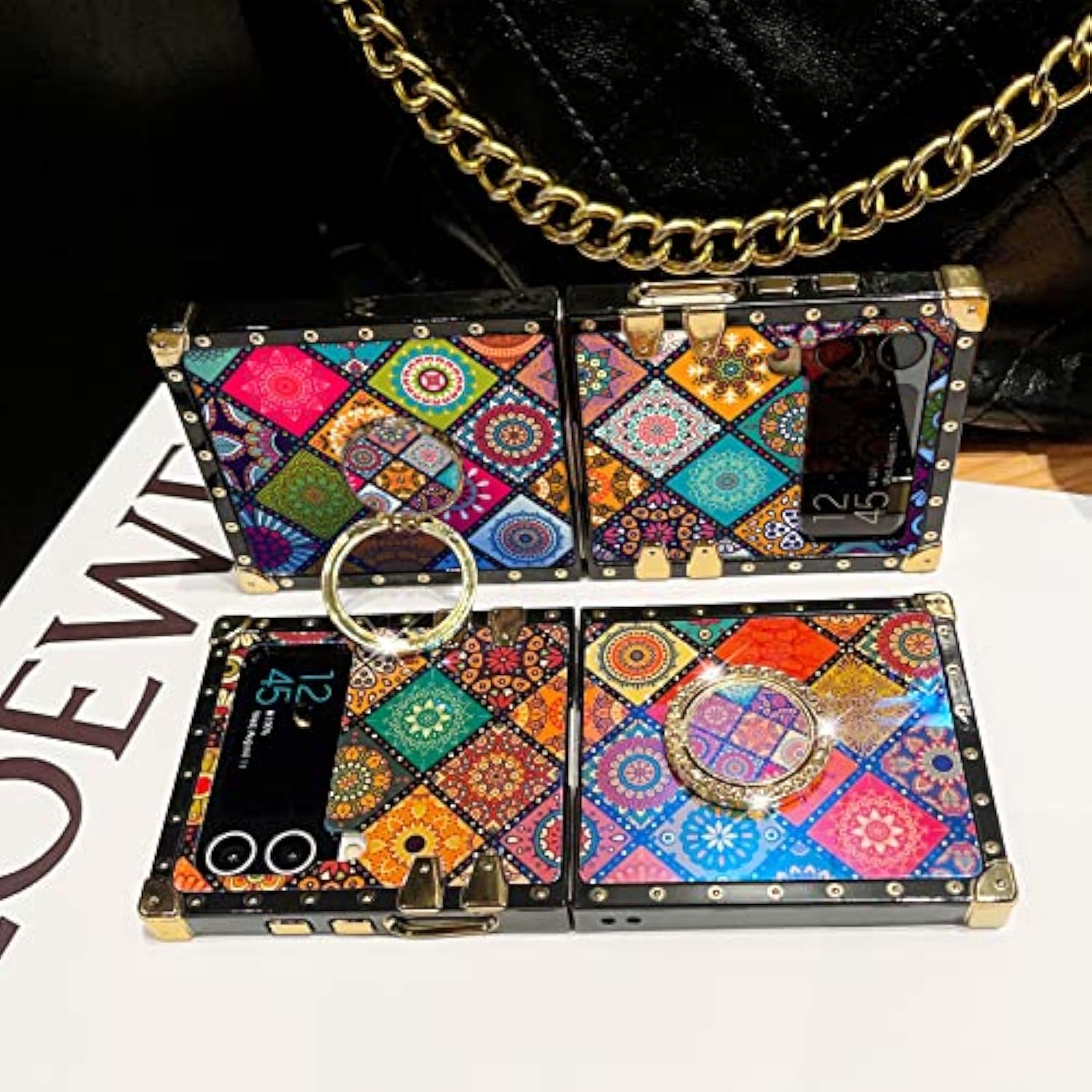 For Samsung Galaxy Z Flip 3 Case With Ring Stand Strap Lanyard Girls Women Cute Retro Flower Pattern Metal Reinforced Corners Shockproof Protective Cover - Mandala