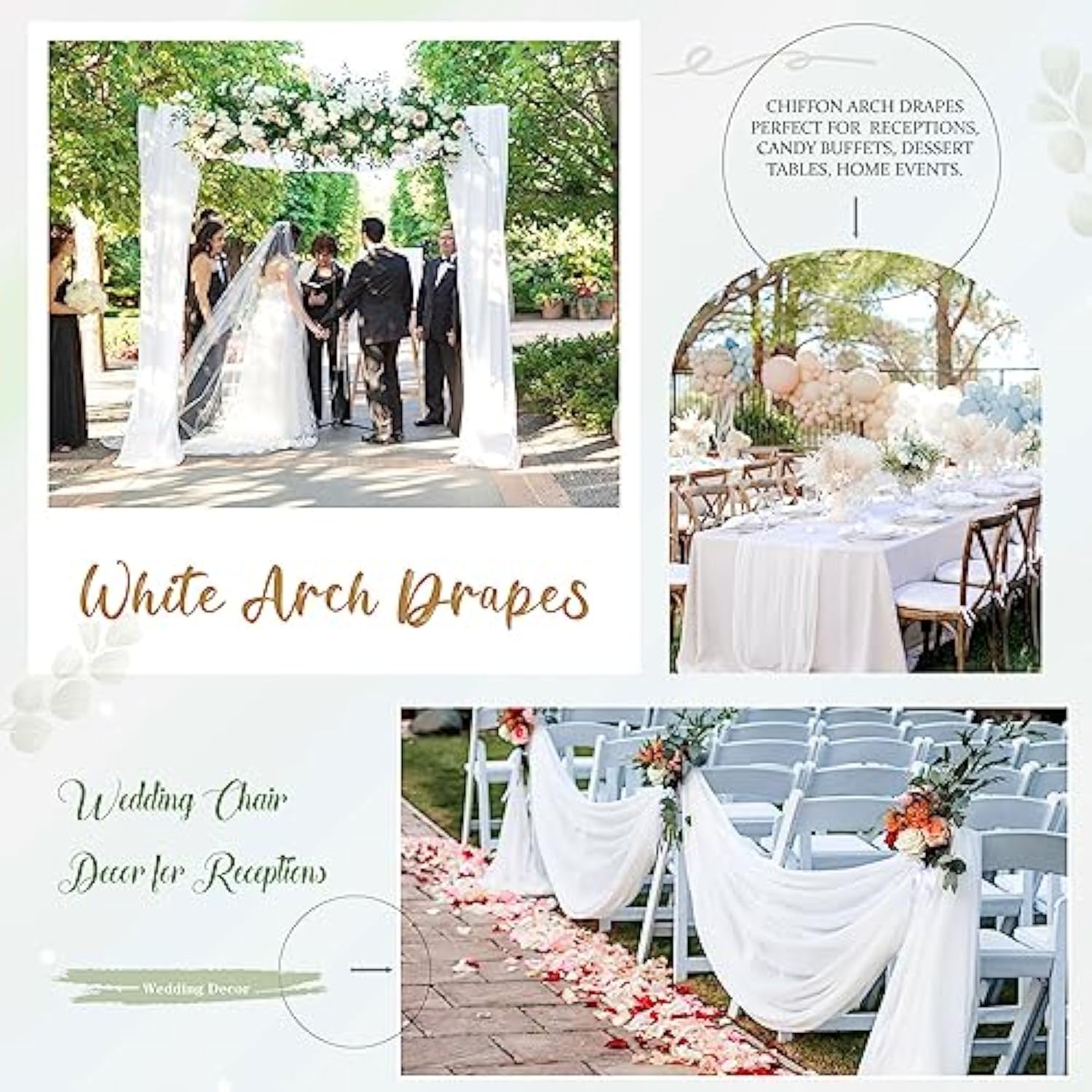 White Wedding Arch Draping Fabric 3 Panels 27.5" x 18.3FT Sheer Backdrop Curtains